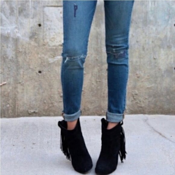 Steve Madden Black Suede Cian Fringe Western Booties Size 8.5M - Picture 4 of 9